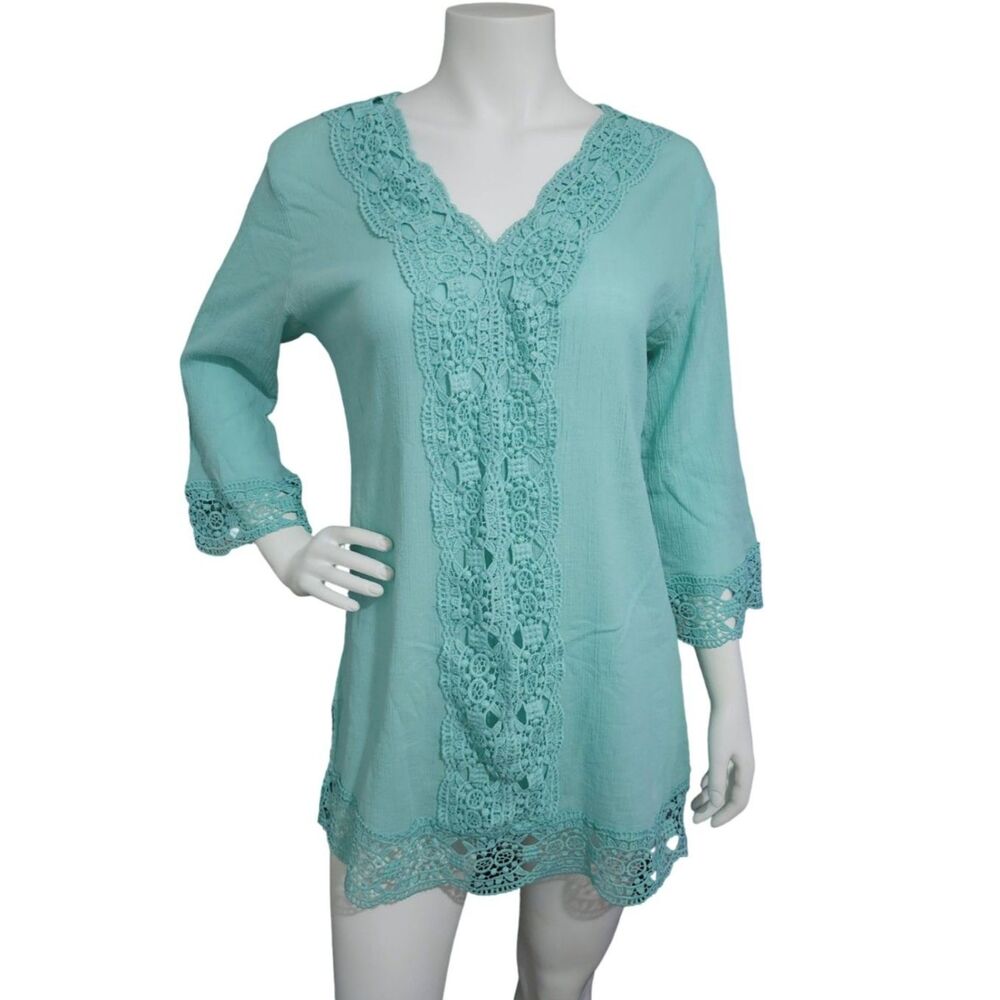 Isaac Mizrahi Mint Green Gauze Crochet Swim Cover Up Tunic Boho